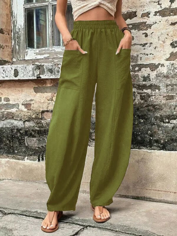 Solid Color Elastic Waist Pants with Pockets