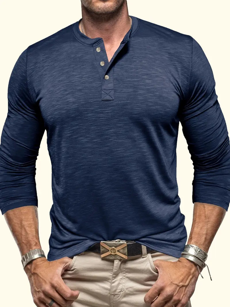 Classic Men's Cotton Henley Shirt with Long Sleeves