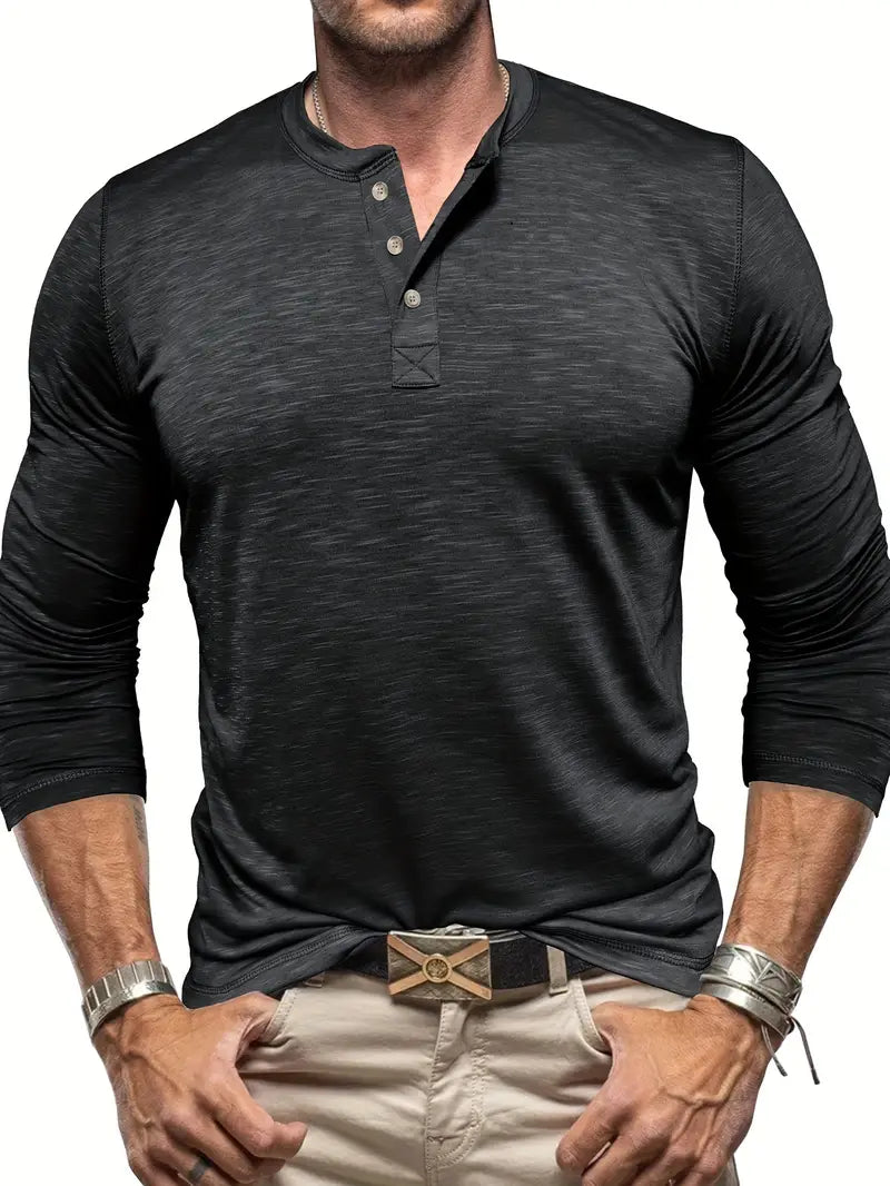 Classic Men's Cotton Henley Shirt with Long Sleeves