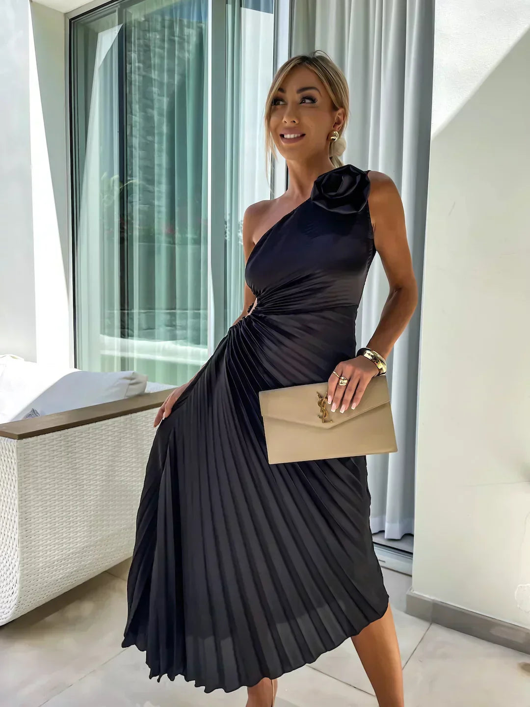 Willow | Elegant Pleated Dress with Shoulder Detail
