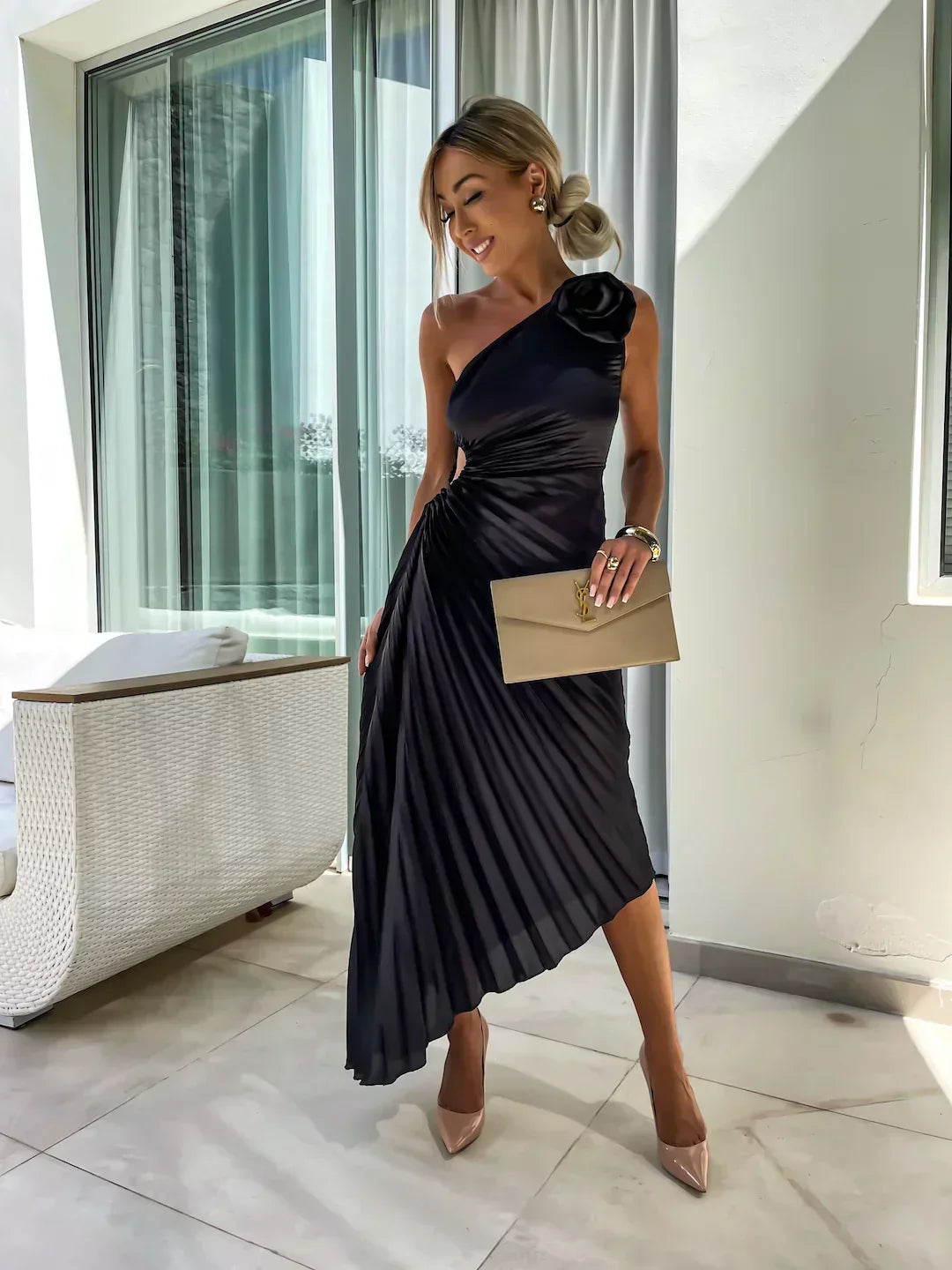 Willow | Elegant Pleated Dress with Shoulder Detail