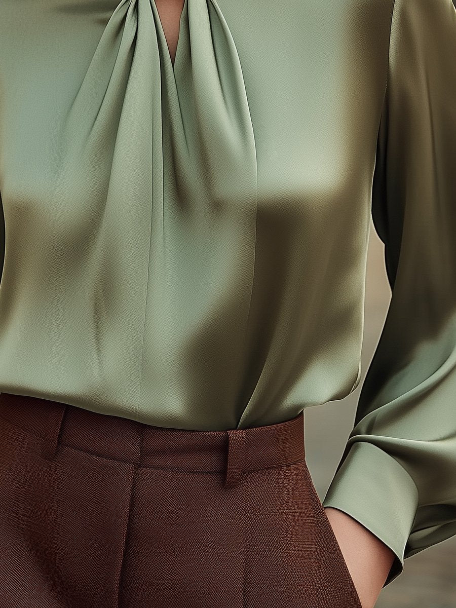 Jasmine | Sage Satin Blouse with Tie Neck