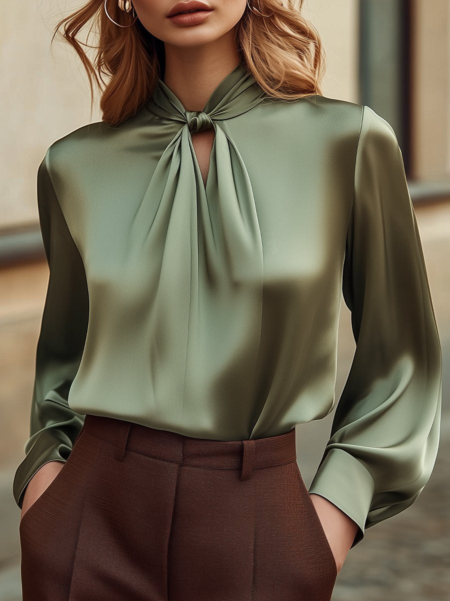 Jasmine | Sage Satin Blouse with Tie Neck