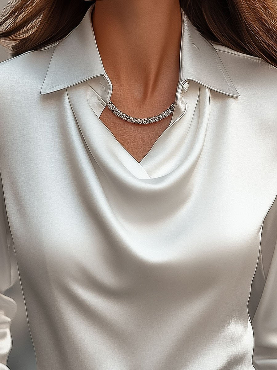 Harper | White Satin Blouse with Cowl Neck