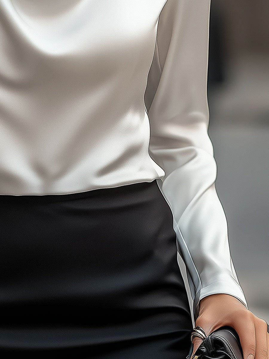 Harper | White Satin Blouse with Cowl Neck