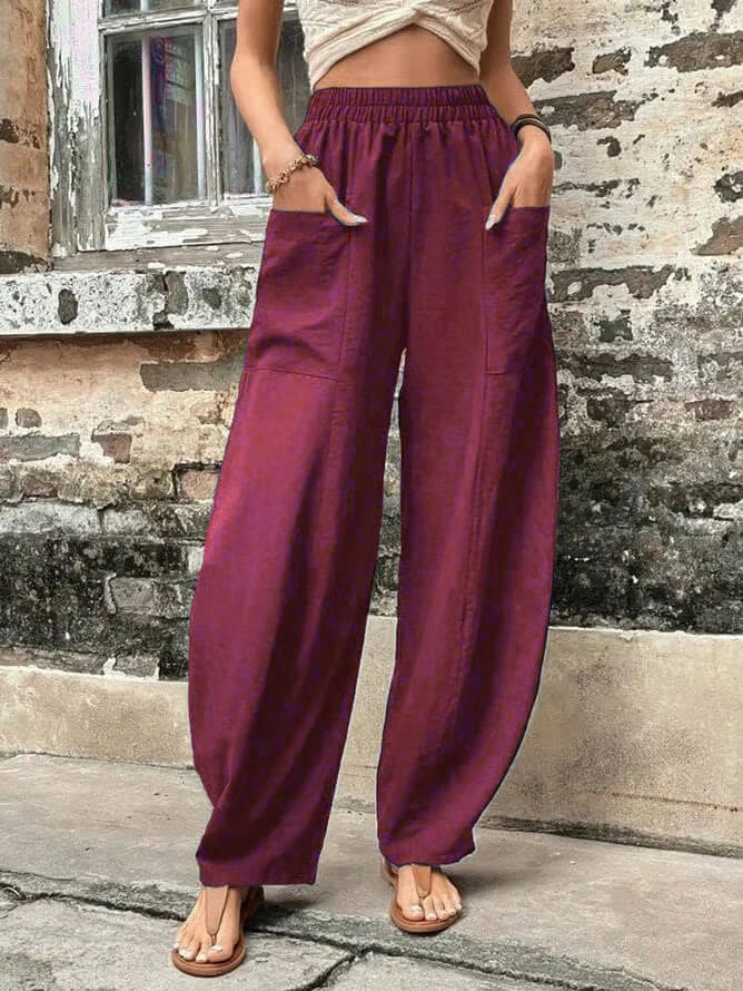 Solid Color Elastic Waist Pants with Pockets