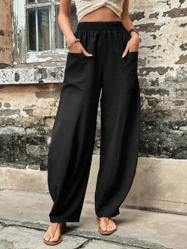 Solid Color Elastic Waist Pants with Pockets