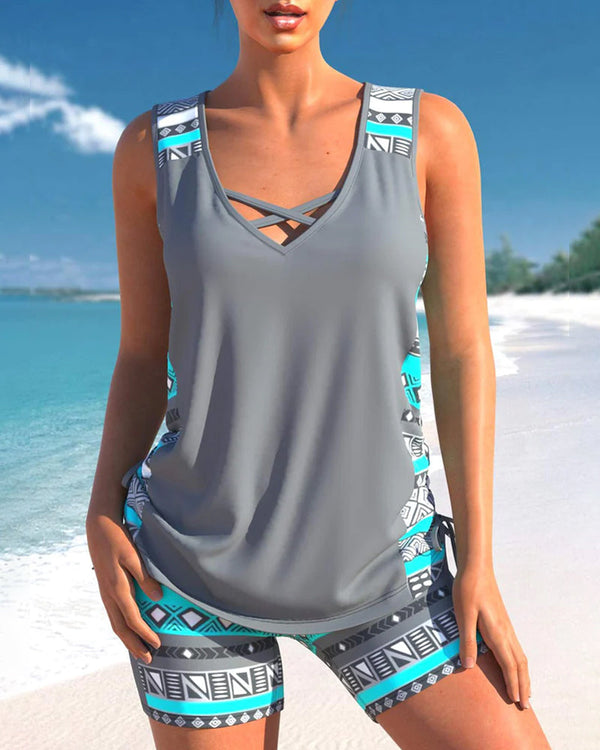 Geometric Pattern Tankini with V-Neckline