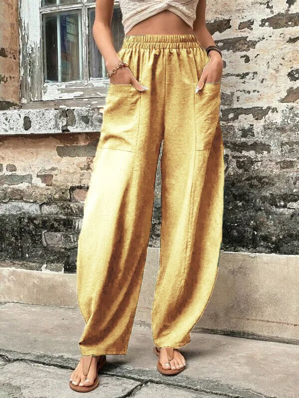 Solid Color Elastic Waist Pants with Pockets