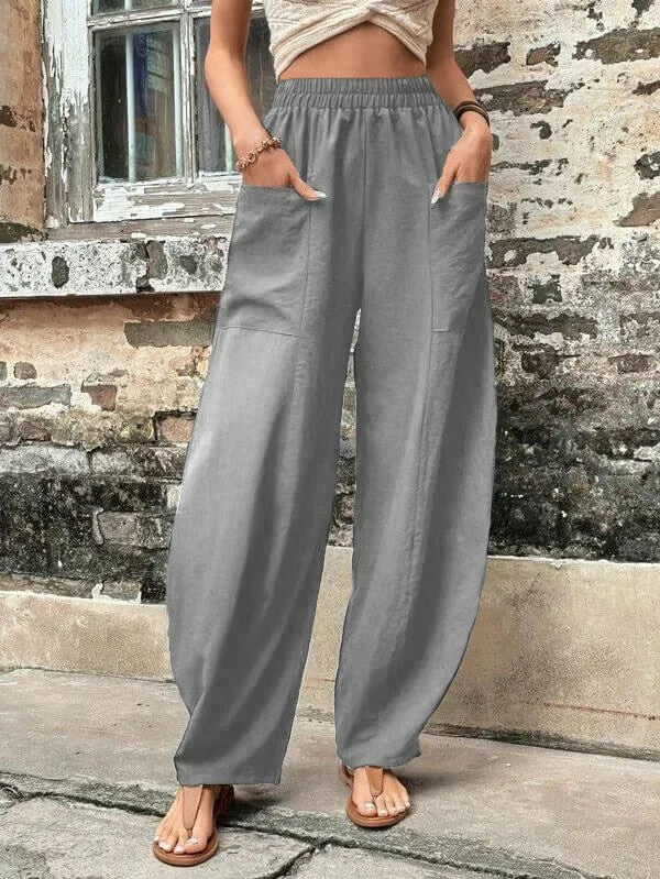 Solid Color Elastic Waist Pants with Pockets