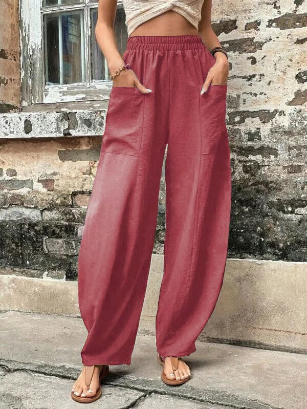 Solid Color Elastic Waist Pants with Pockets