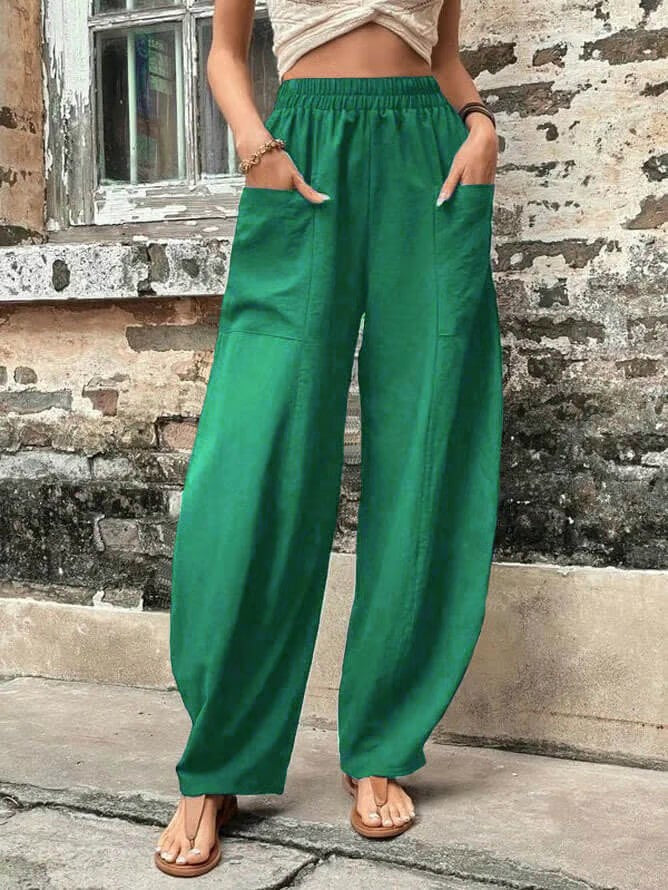 Solid Color Elastic Waist Pants with Pockets