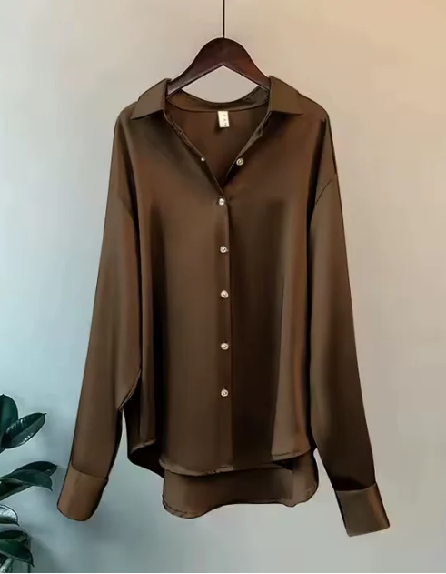 Olive | Elegant Olive Satin Blouse with Soft Sheen