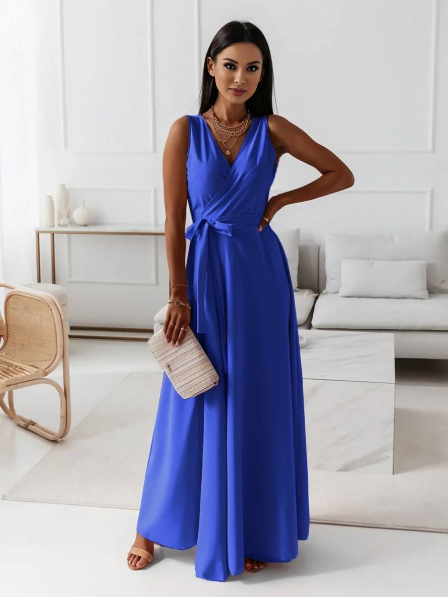 Evelyn | Elegant Evening Gown with V-Neck and Bow Belt