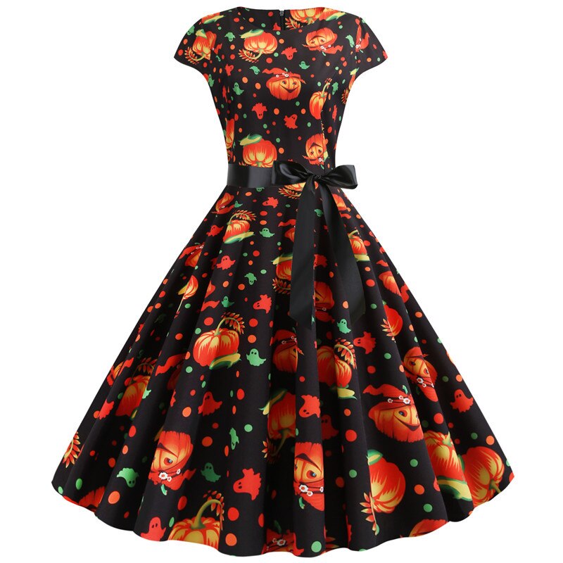Cute Pumpkin Print Halloween Costume Dress | Midi