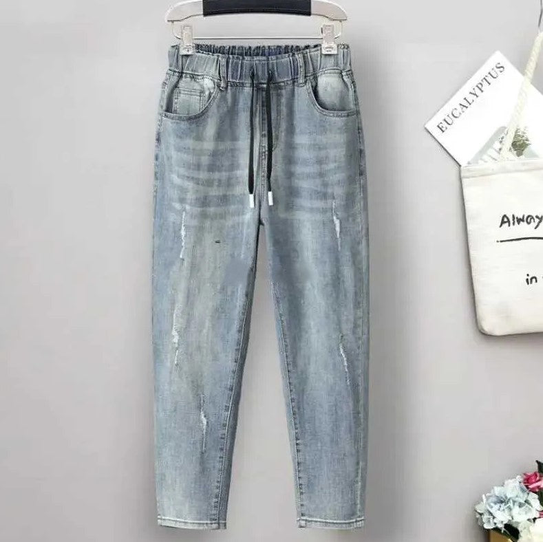 Elastic High-Waisted Baggy Jeans In Plus Size