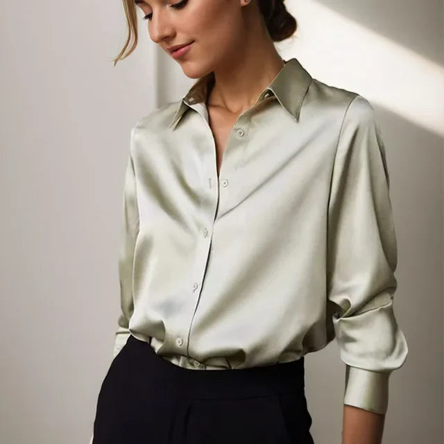 Olive | Elegant Olive Satin Blouse with Soft Sheen