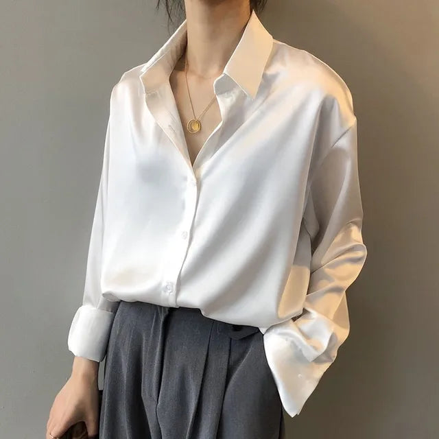 Olive | Elegant Olive Satin Blouse with Soft Sheen