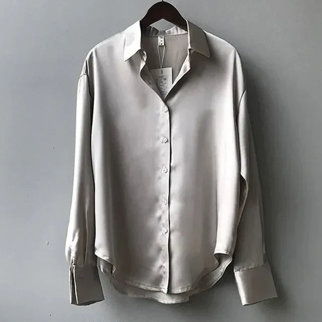 Olive | Elegant Olive Satin Blouse with Soft Sheen