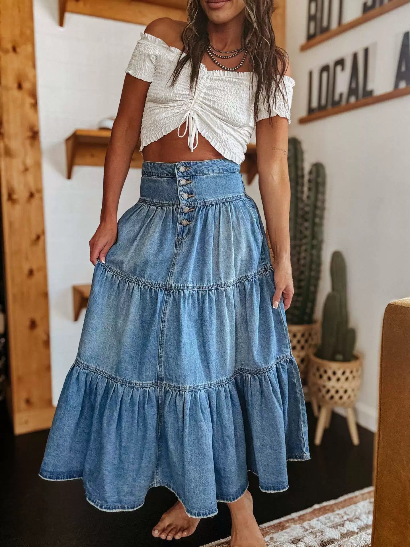 Boho Chic Denim Maxi Skirt