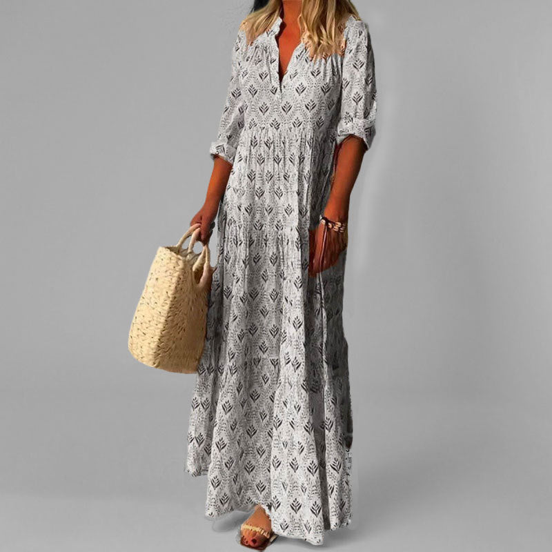 Ava | Vintage Print Women's Maxi Dress with V-Neck and 3/4 Sleeves