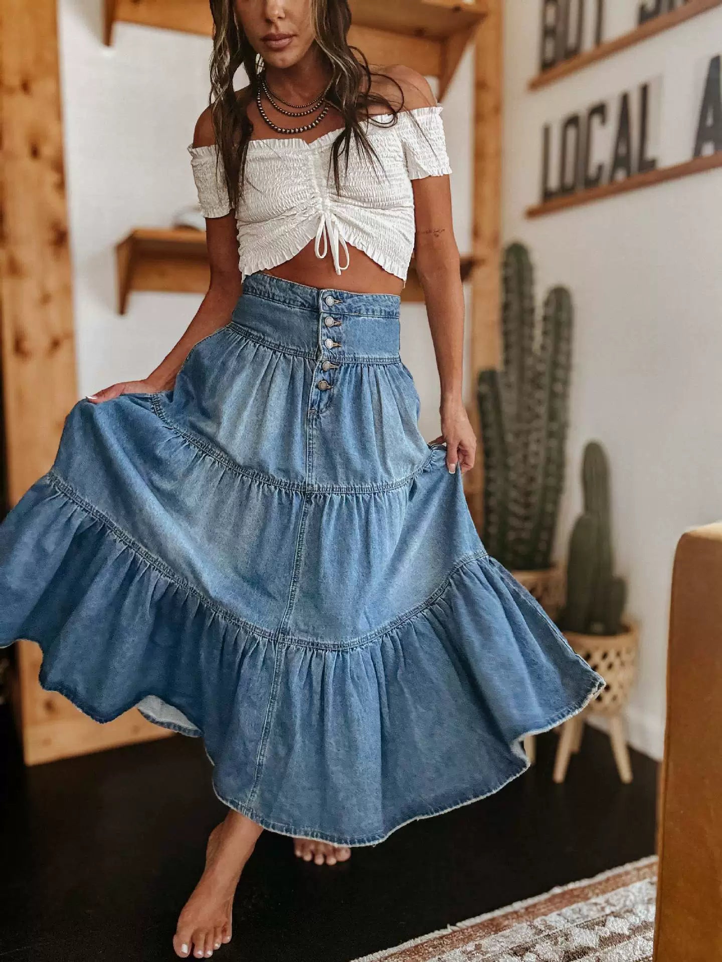 Boho Chic Denim Maxi Skirt