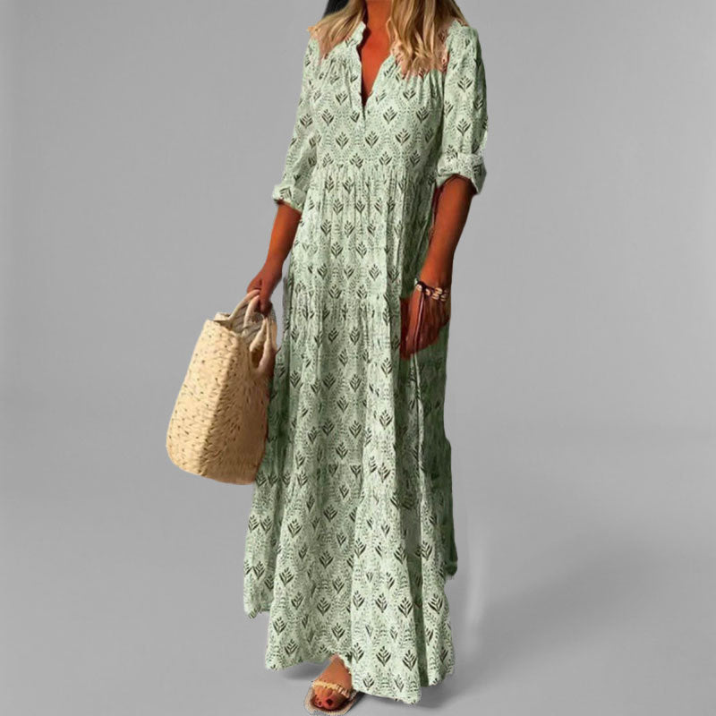 Ava | Vintage Print Women's Maxi Dress with V-Neck and 3/4 Sleeves