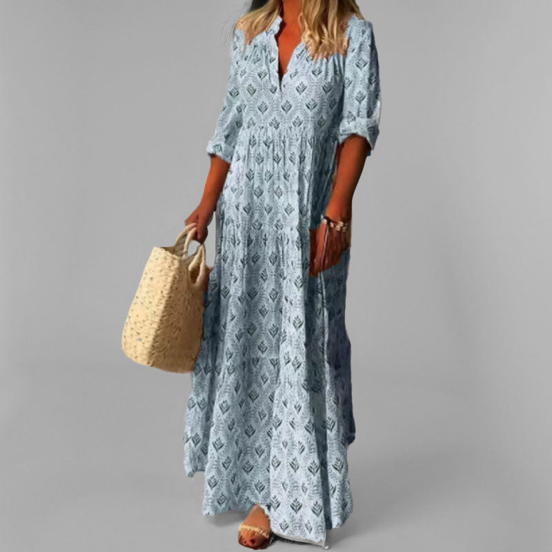 Ava | Vintage Print Women's Maxi Dress with V-Neck and 3/4 Sleeves