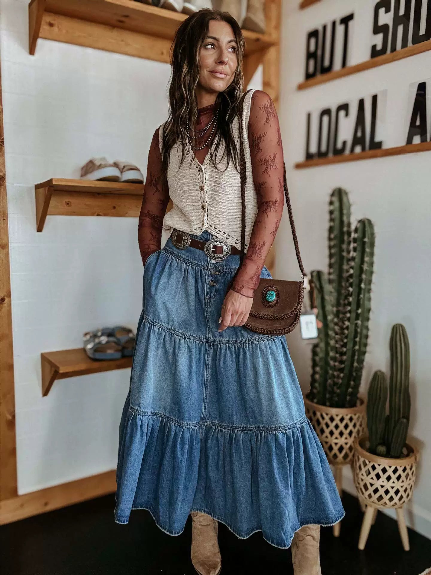 Boho Chic Denim Maxi Skirt