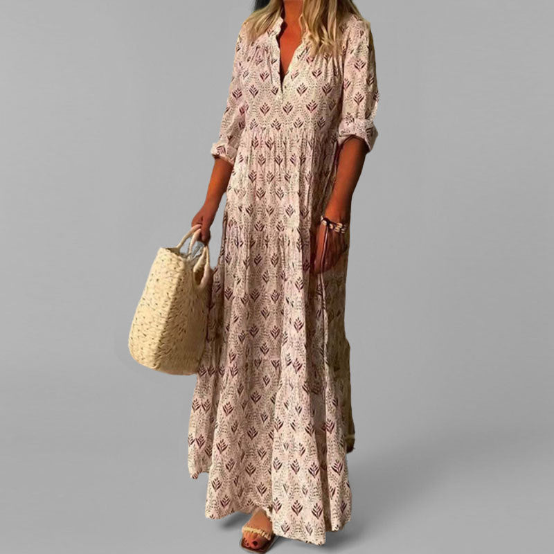Ava | Vintage Print Women's Maxi Dress with V-Neck and 3/4 Sleeves
