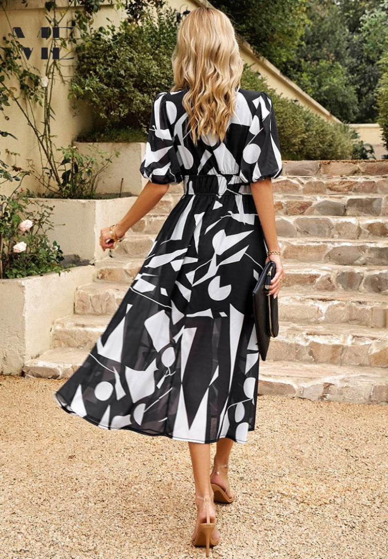 Chloe | Elegant Floral Midi Dress with Puff Sleeves