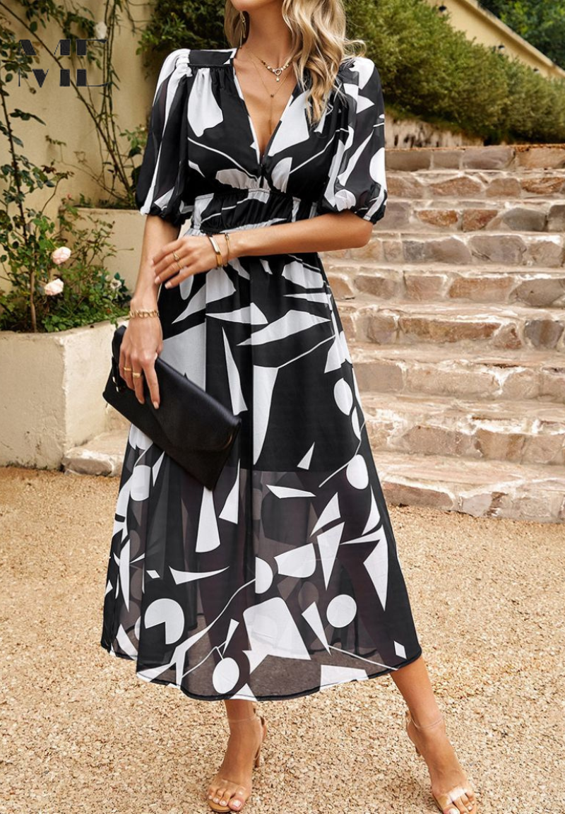 Chloe | Elegant Floral Midi Dress with Puff Sleeves