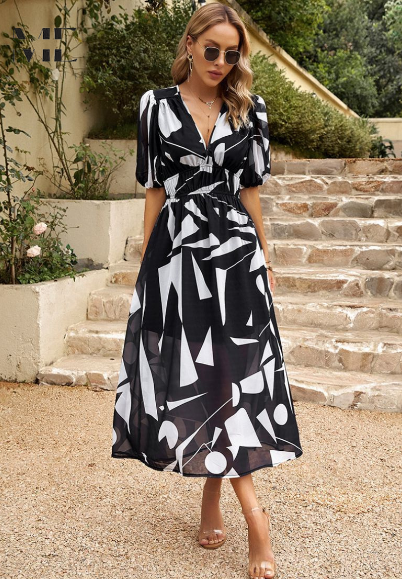 Chloe | Elegant Floral Midi Dress with Puff Sleeves
