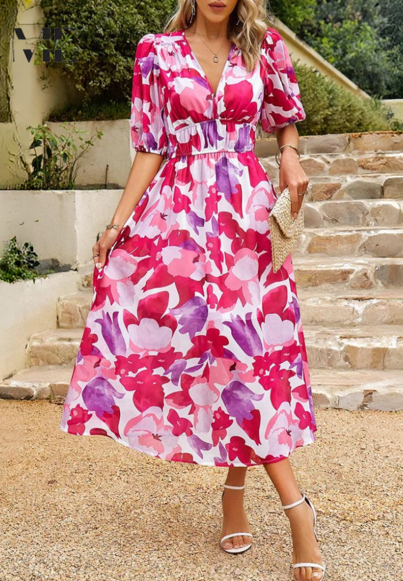 Chloe | Elegant Floral Midi Dress with Puff Sleeves