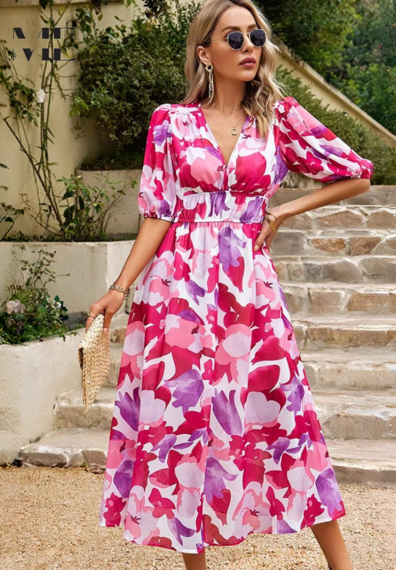 Chloe | Elegant Floral Midi Dress with Puff Sleeves