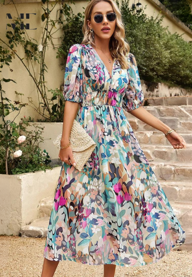 Chloe | Elegant Floral Midi Dress with Puff Sleeves