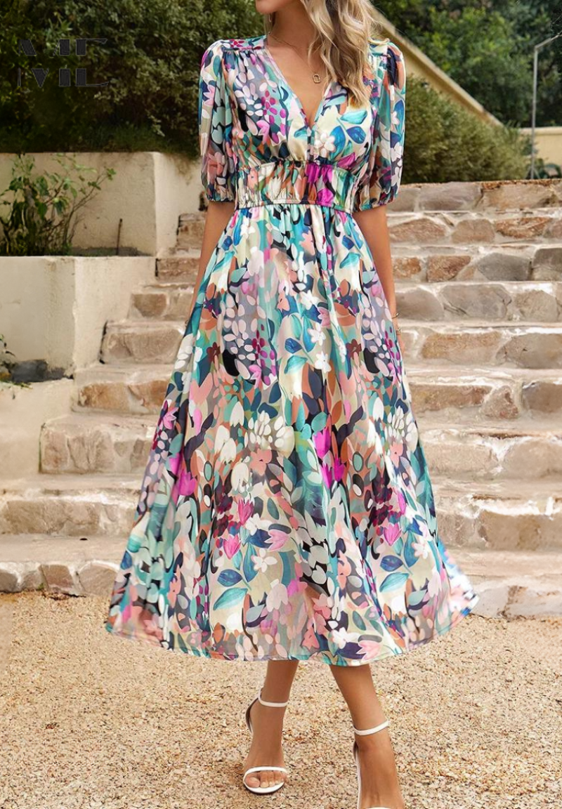Chloe | Elegant Floral Midi Dress with Puff Sleeves