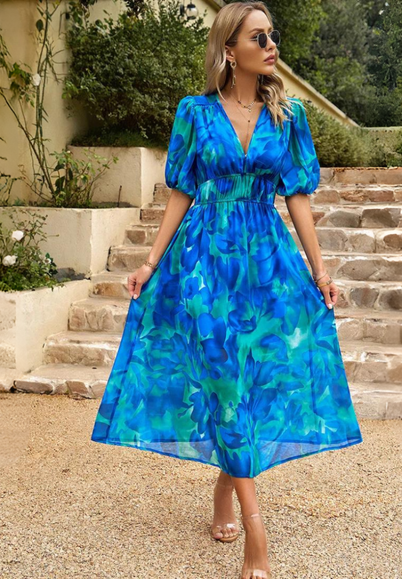 Chloe | Elegant Floral Midi Dress with Puff Sleeves