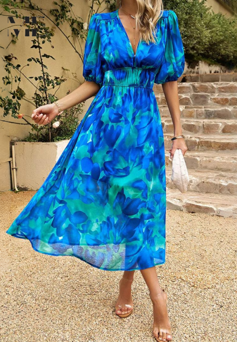Chloe | Elegant Floral Midi Dress with Puff Sleeves