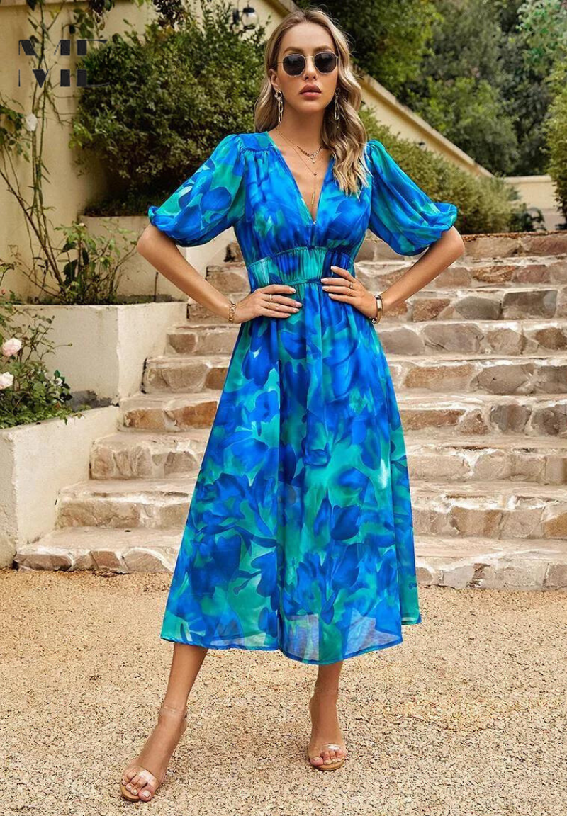 Chloe | Elegant Floral Midi Dress with Puff Sleeves