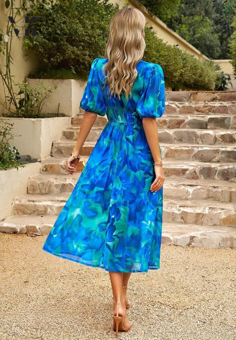 Chloe | Elegant Floral Midi Dress with Puff Sleeves
