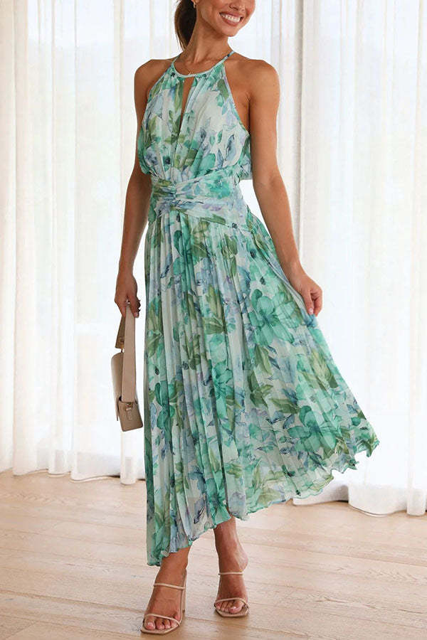 Amelia | Pleated Midi Dress with Floral Keyhole