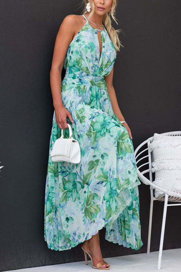 Amelia | Pleated Midi Dress with Floral Keyhole