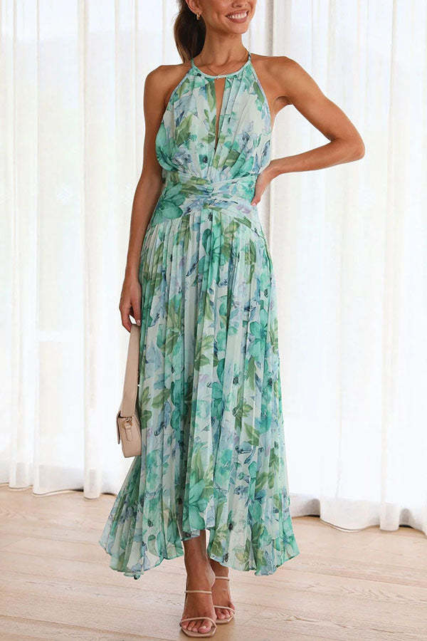 Amelia | Pleated Midi Dress with Floral Keyhole