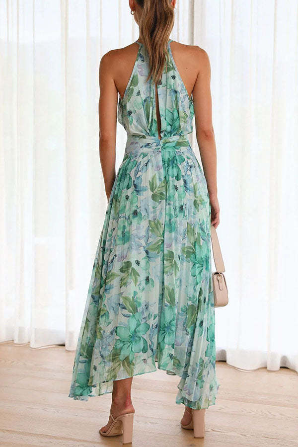 Amelia | Pleated Midi Dress with Floral Keyhole
