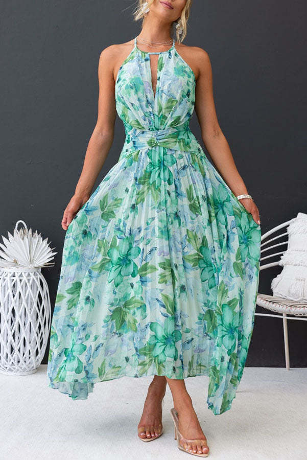 Amelia | Pleated Midi Dress with Floral Keyhole