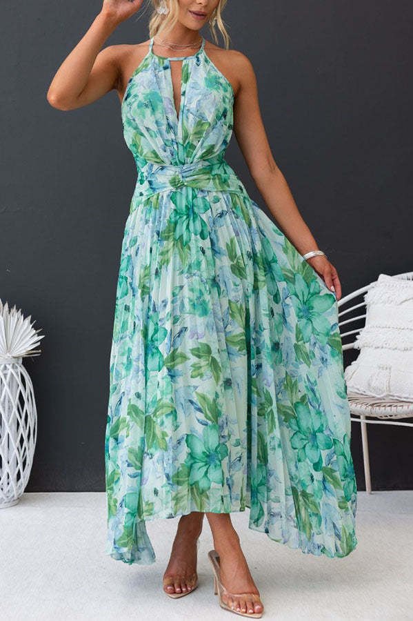Amelia | Pleated Midi Dress with Floral Keyhole
