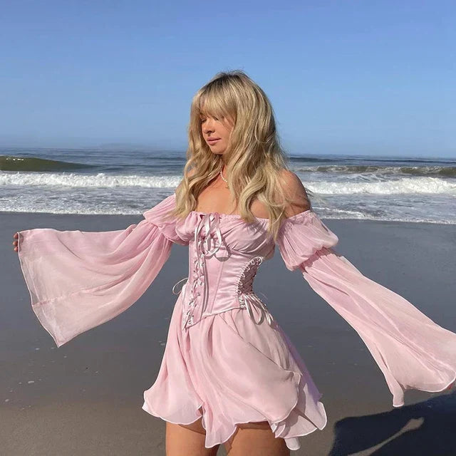 Women's Chiffon Mini Dress with Puff Sleeves & Corset