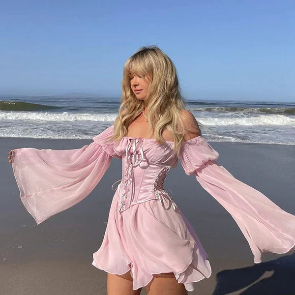 Women's Chiffon Mini Dress with Puff Sleeves & Corset