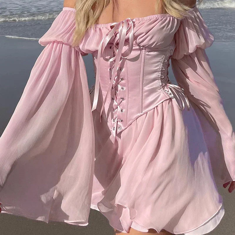 Women's Chiffon Mini Dress with Puff Sleeves & Corset